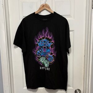 Empyre NWT Graphic Black Tee with Neon Blue Panther and Purple Flames